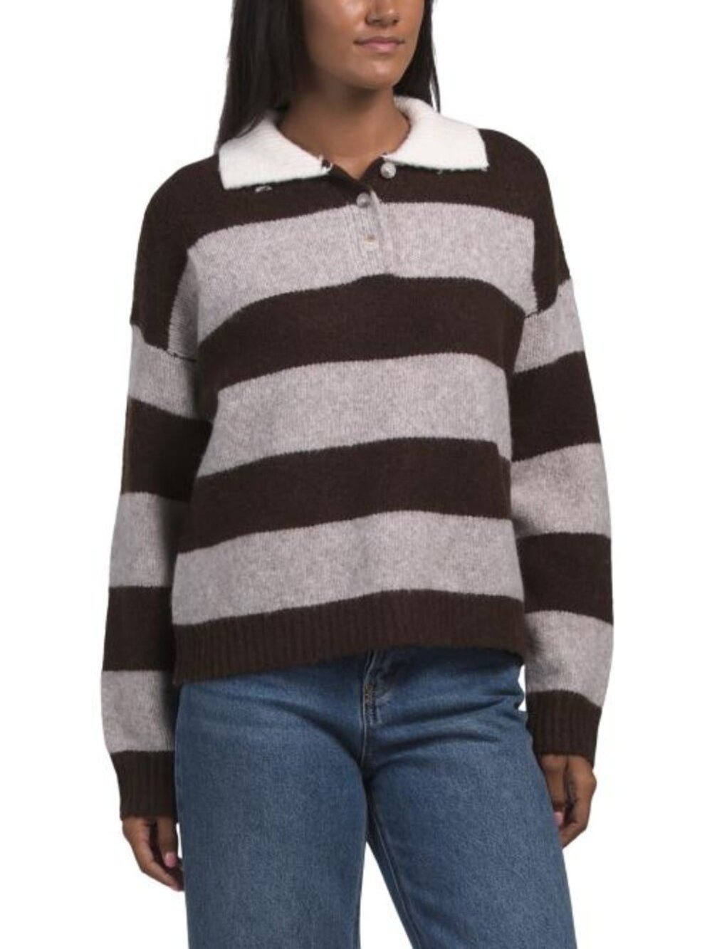 LUNA IVY Fuzzy Rugby Stripe Polo Sweater